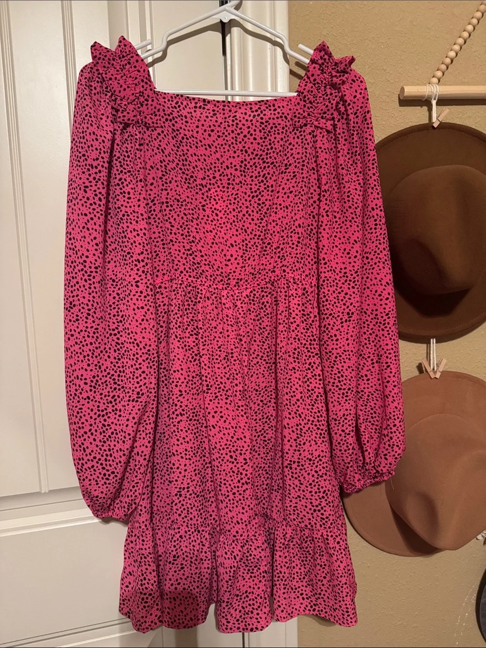 JODIFL Hot Pink Polka Dot Long Sleeve Mini Dress